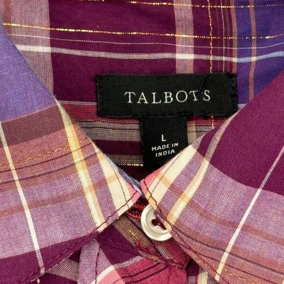 Talbots Womens Plaid  Shirt size Large Long Sleeve Cotton Metallic Blend - Picture 5 of 12